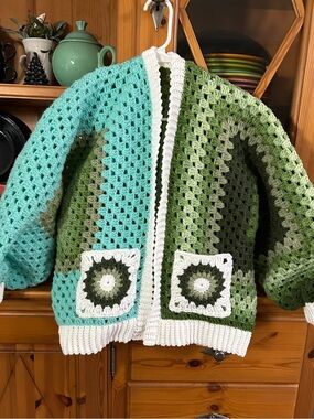 Handmade Kids Crochet Jacket in Mint & Olive Green with White Trim